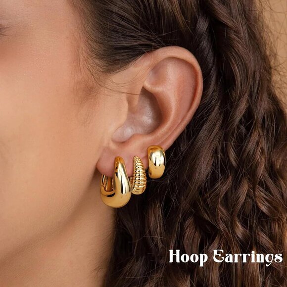 🆕 Women Gold Trendy Small Hoop Earrings Twisted Huggie Thick Open Chunky Stacks - Picture 3 of 7